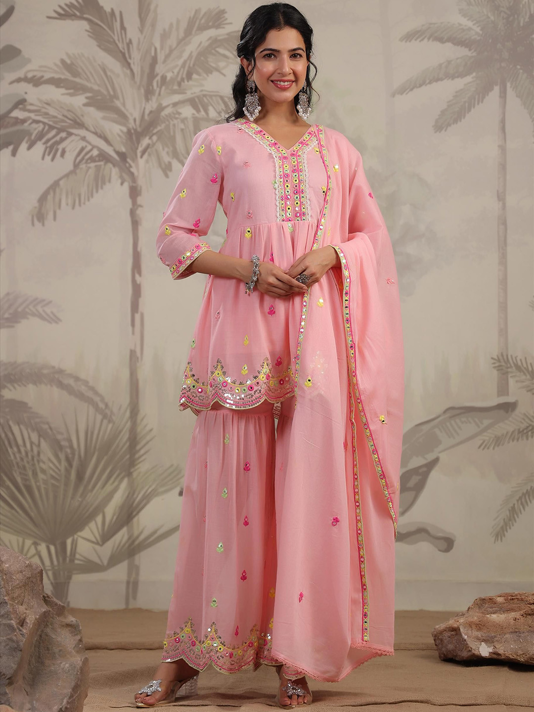 

SCAKHI V Neck Embroidered Empire Mirror Work Pure Cotton A-Line Kurta Set, Peach