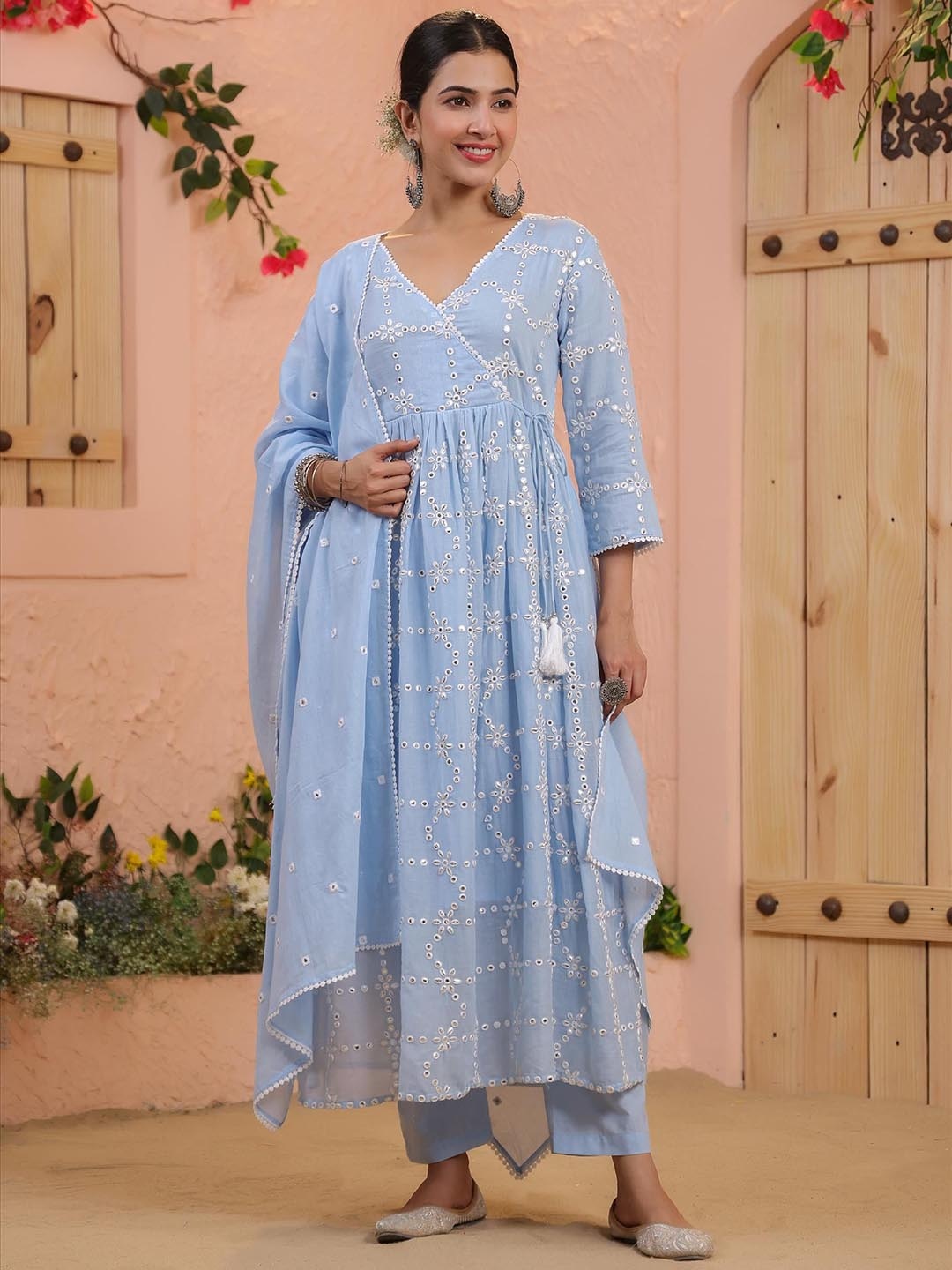 

SCAKHI Embroidered Mirror Work Mulmul Cotton Angrakha Kurta With Trousers & Dupatta, Blue