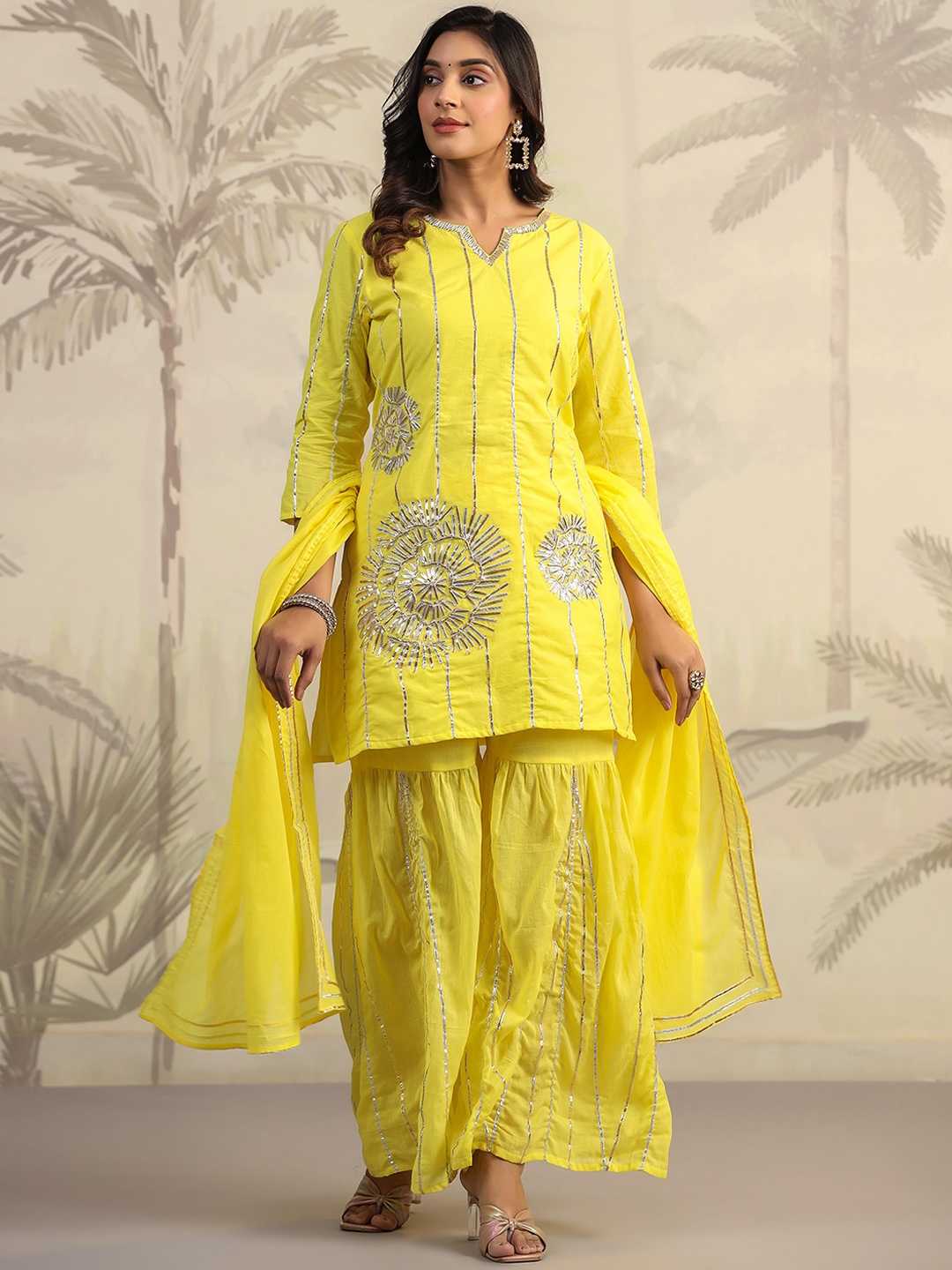 

SCAKHI Floral Embroidered Gotta Patti Mulmul Cotton Straight Kurta With Sharara & Dupatta, Yellow