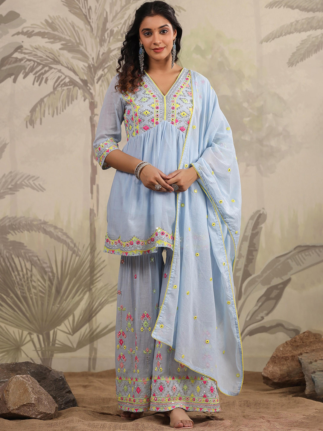 

SCAKHI Embroidered Mirror Work Mulmul Cotton With Kurta With Sharara & Dupatta, Blue