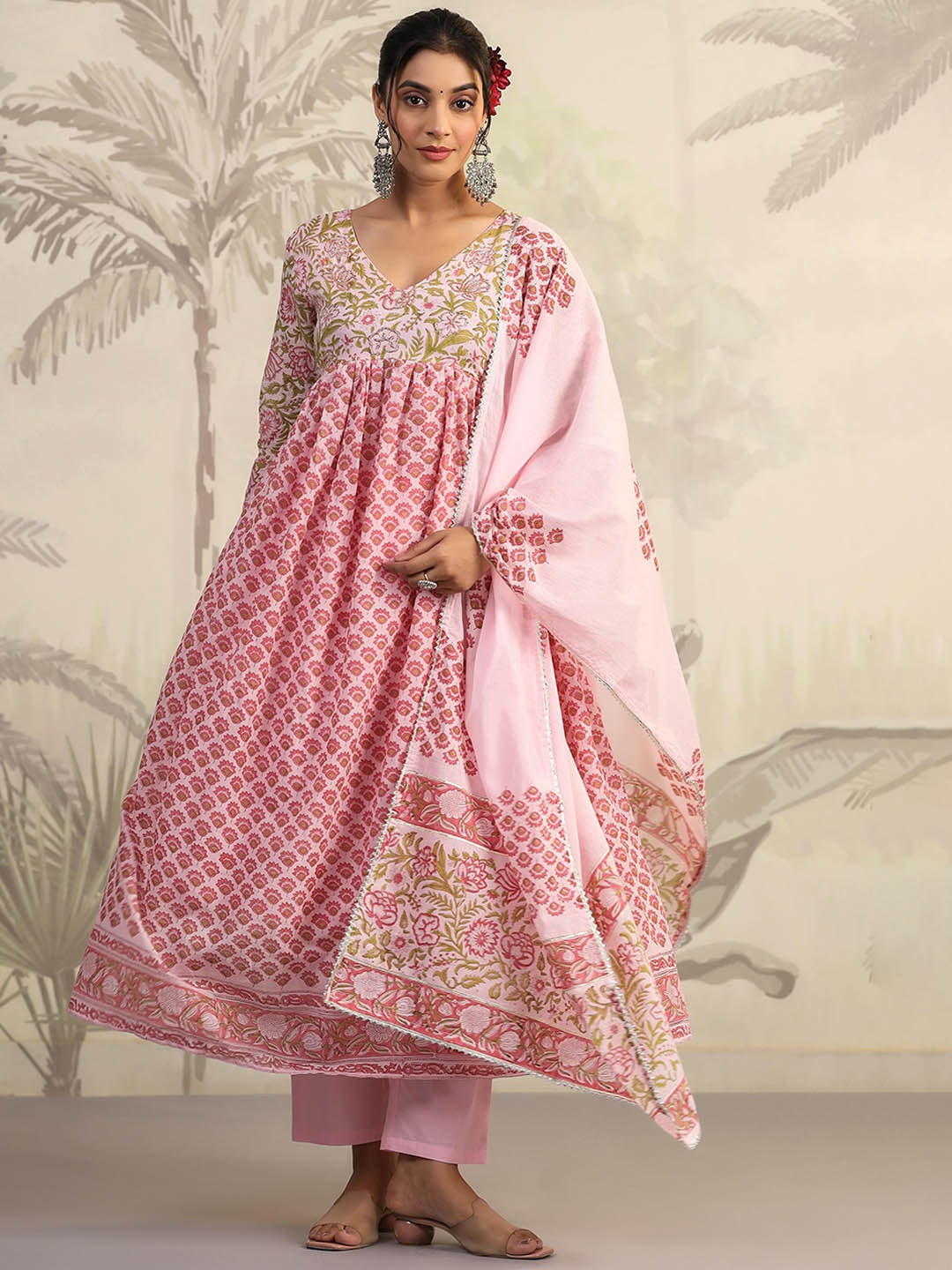 

SCAKHI V Neck Floral Printed Empire Beads and Stones Pure Cotton Anarkali Kurta Set, Pink