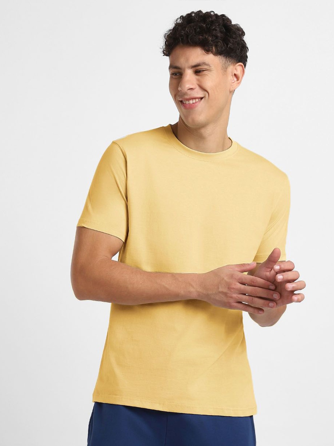 

NOBERO Round Neck Short Sleeves Pure Cotton Regular T-shirt, Yellow