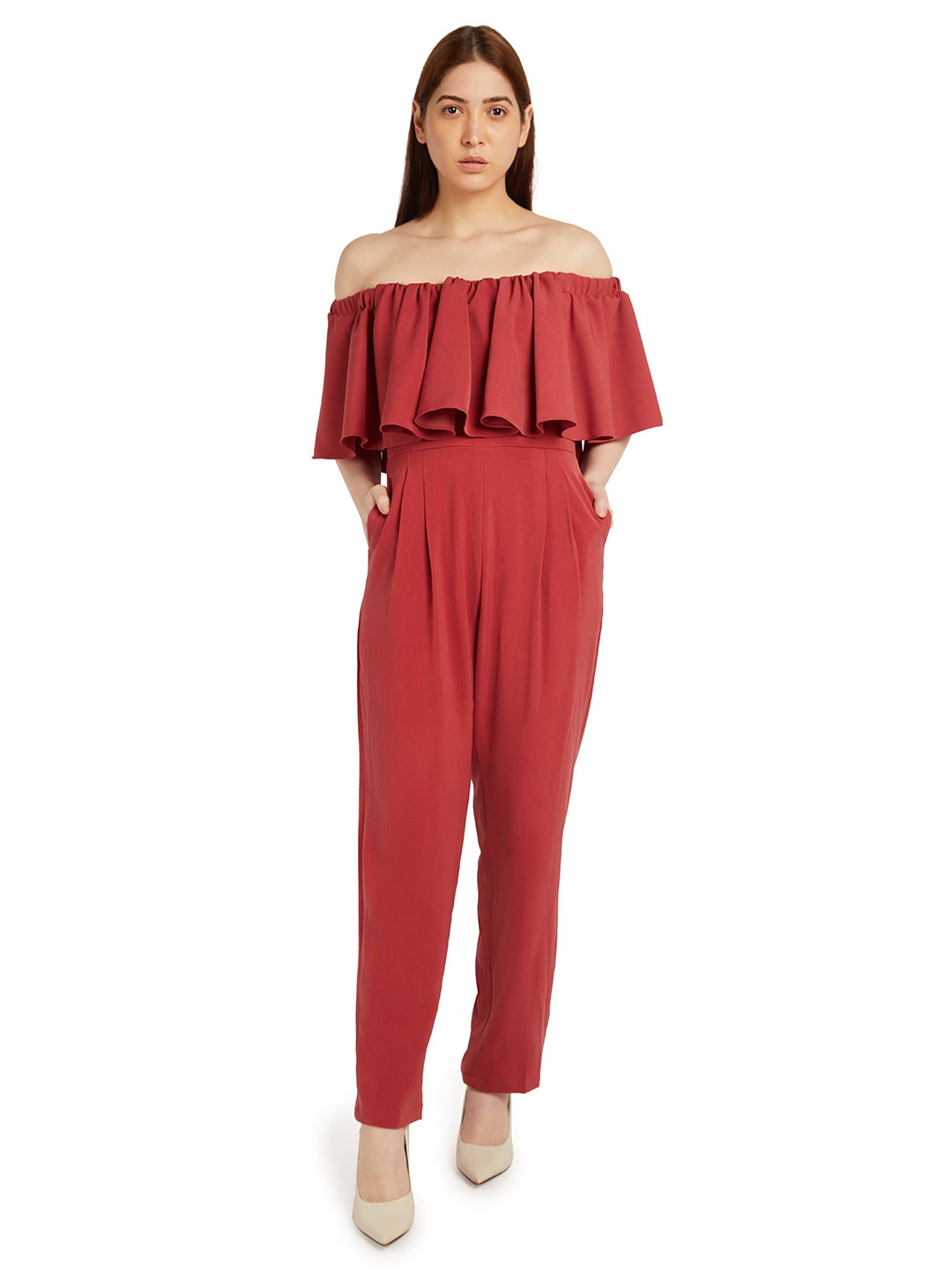 

EMBLAZE Off-Shoulder Gathers Basic Jumpsuit, Rust