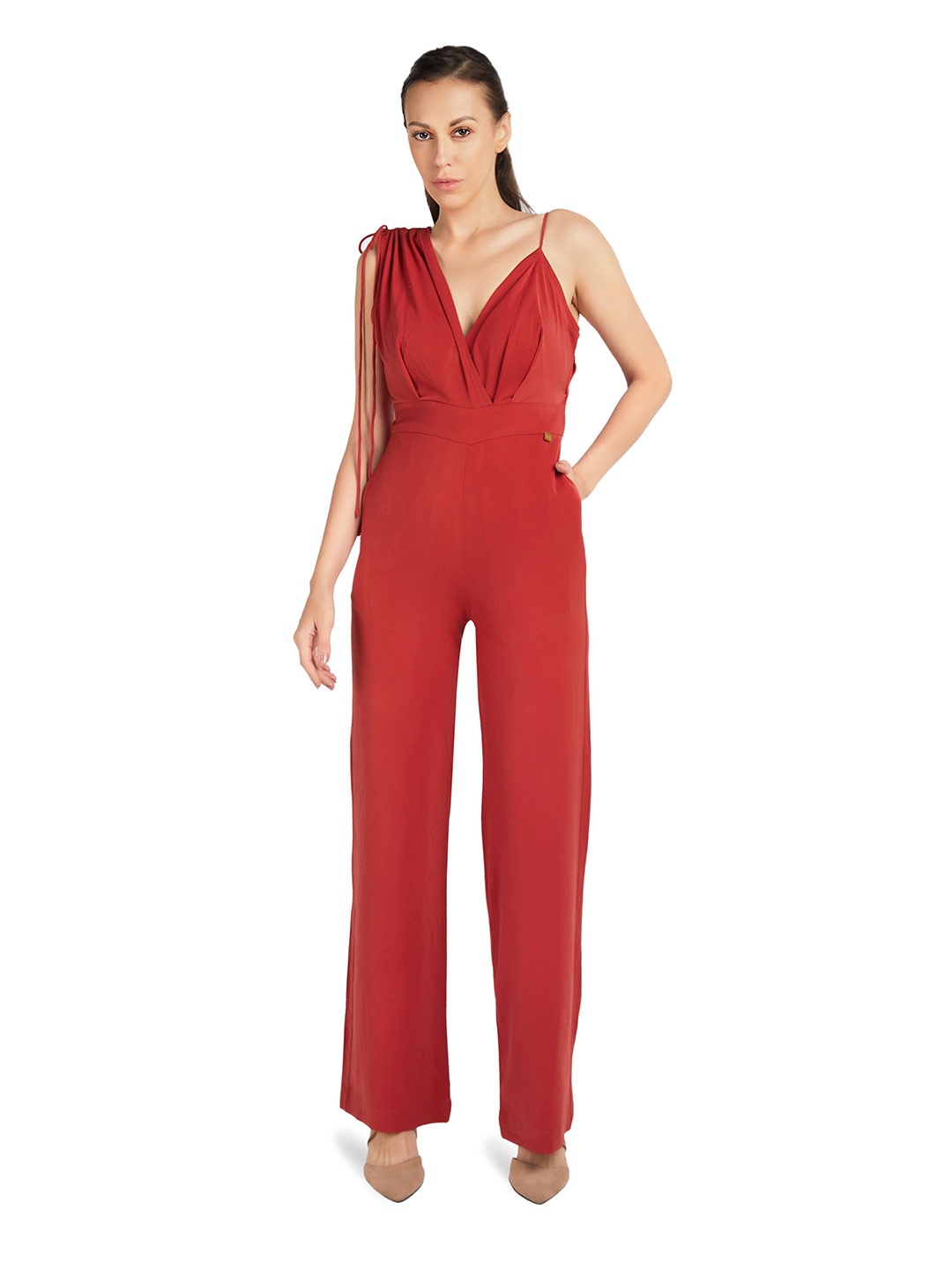 

EMBLAZE Shoulder Straps Gathers Basic Jumpsuit, Red