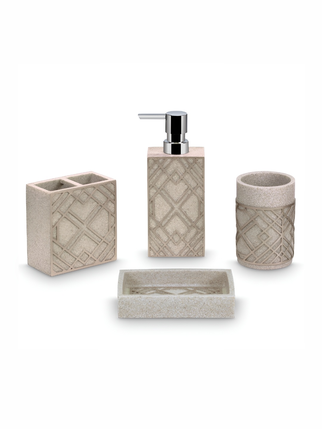 

Freelance Brown & Silver-Toned 4 Pieces Geometric Polyresin Glossy Bath Accessories Set