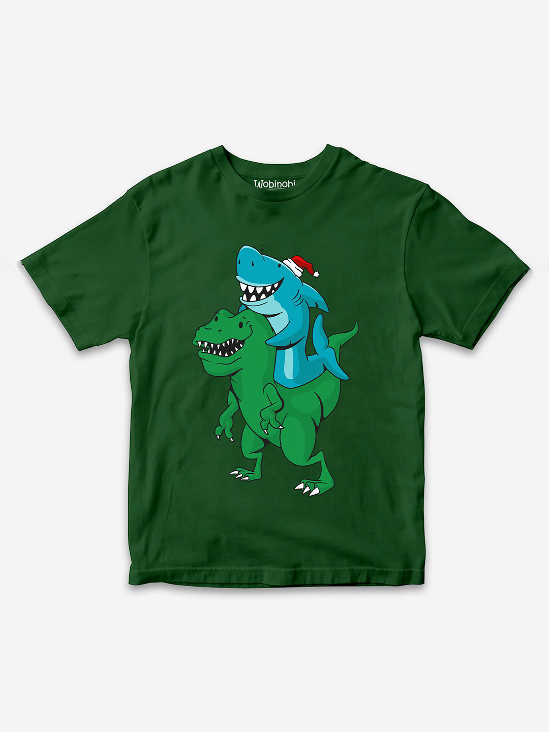 

Wobinobi Boys Shark Riding T-Rex Printed Pure Cotton Bio Finish Casual T-shirt, Green