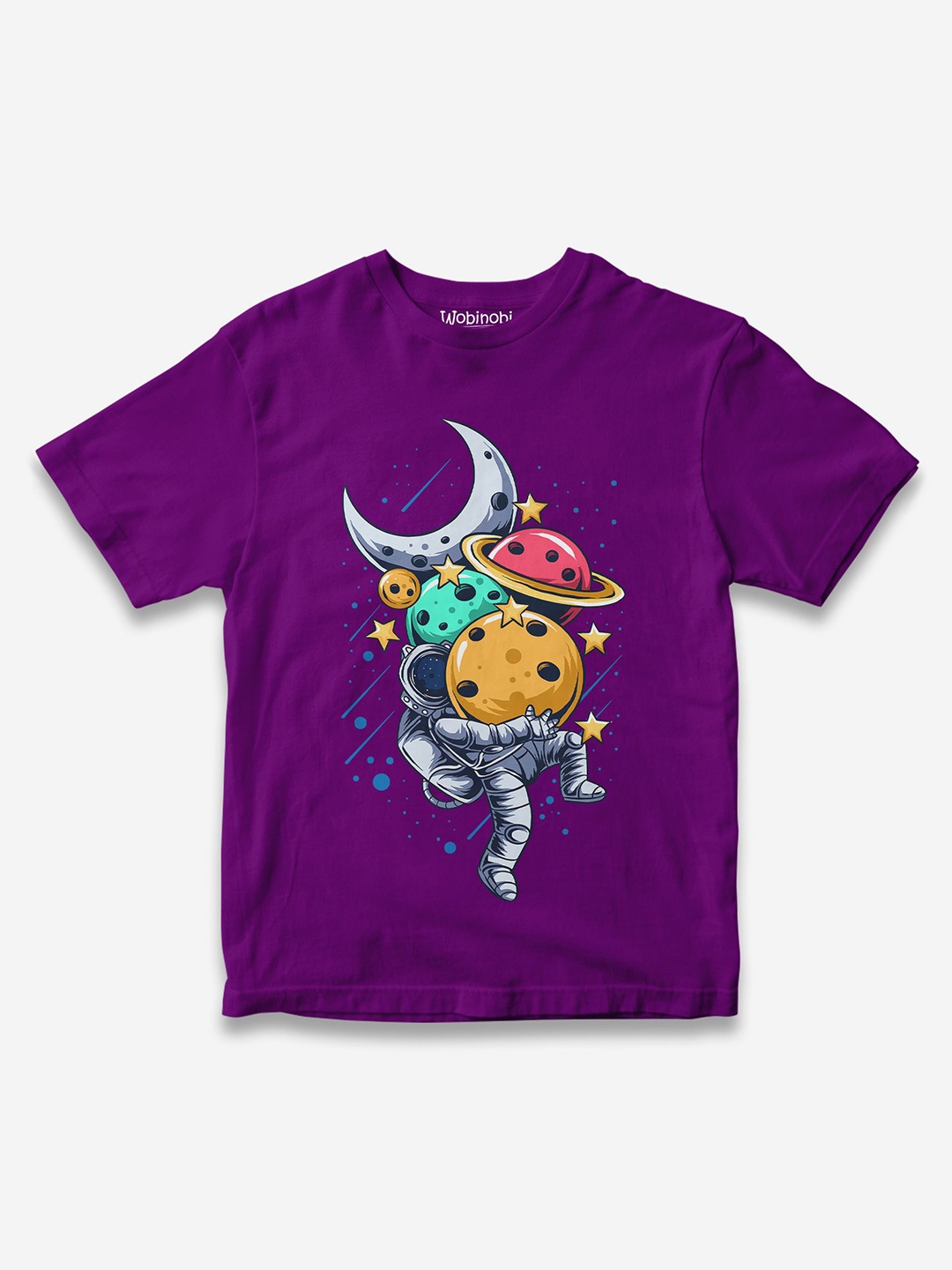 

Wobinobi Boys Planets & Stars Collecting Astronaut Printed Pure Cotton Bio Finish T-shirt, Purple