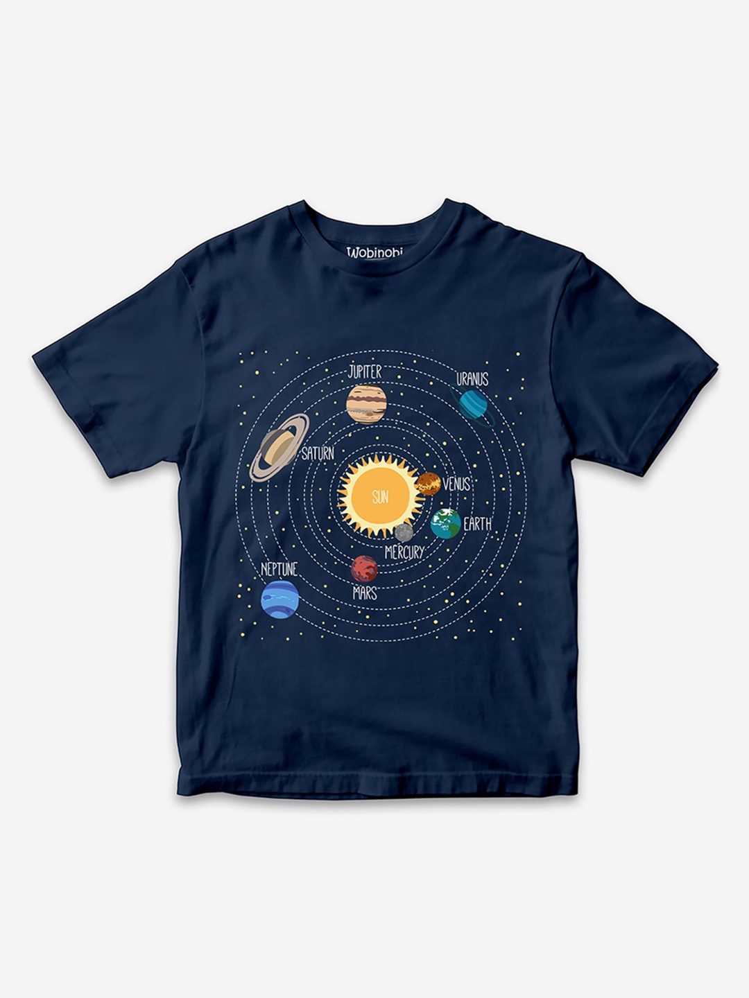 

Wobinobi Boys Solar System With Orbit Printed Pure Cotton Bio Finish Casual T-shirt, Navy blue