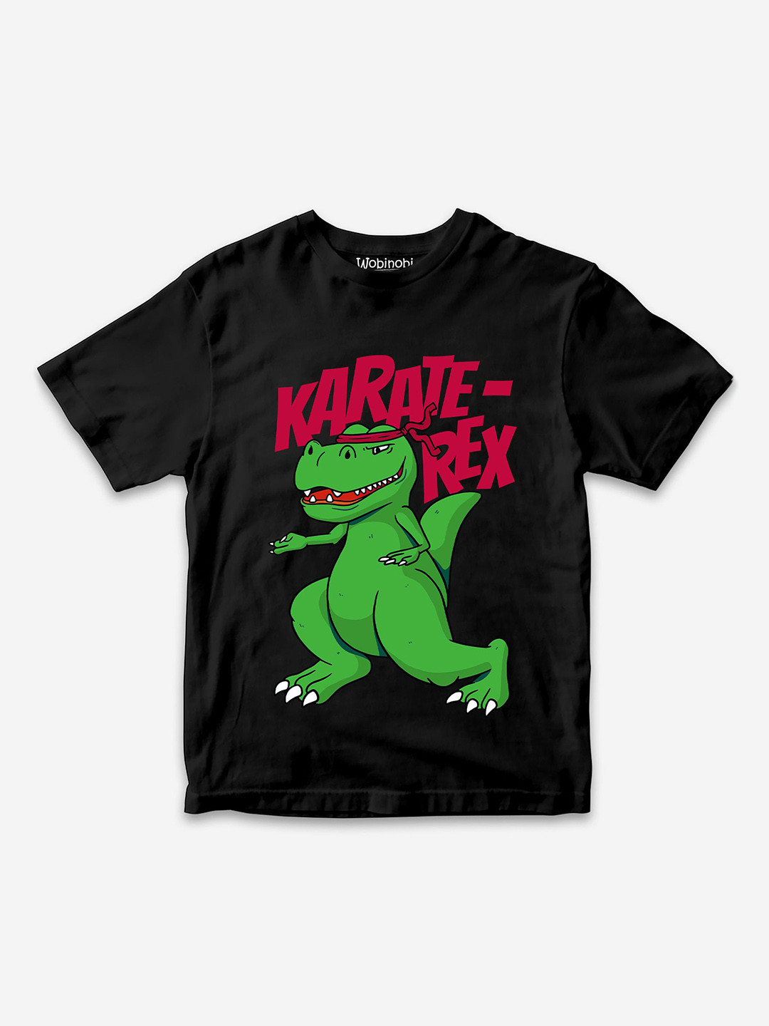 

Wobinobi Boys T-Rex Karate Printed Pure Cotton Bio Finish Casual T-shirt, Black