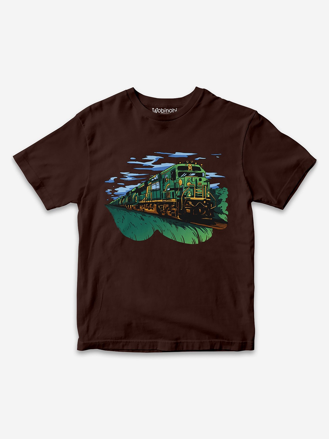 Wobinobi Boys Train Journey Printed Pure Cotton Bio Finish Casual T-shirt, Coffee brown