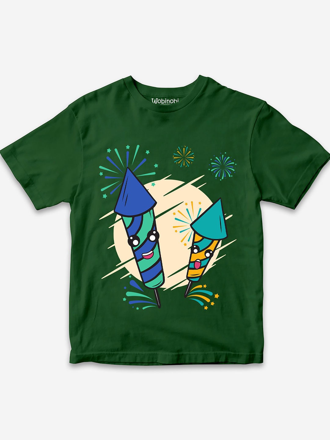 

Wobinobi Boys Fireworks Diwali Printed Pure Cotton Bio Finish Casual T-shirt, Green