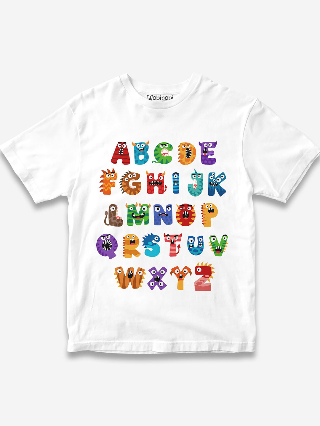 

Wobinobi Boys Monster Alphabets Printed Pure Cotton Bio Finish Casual T-shirt, White