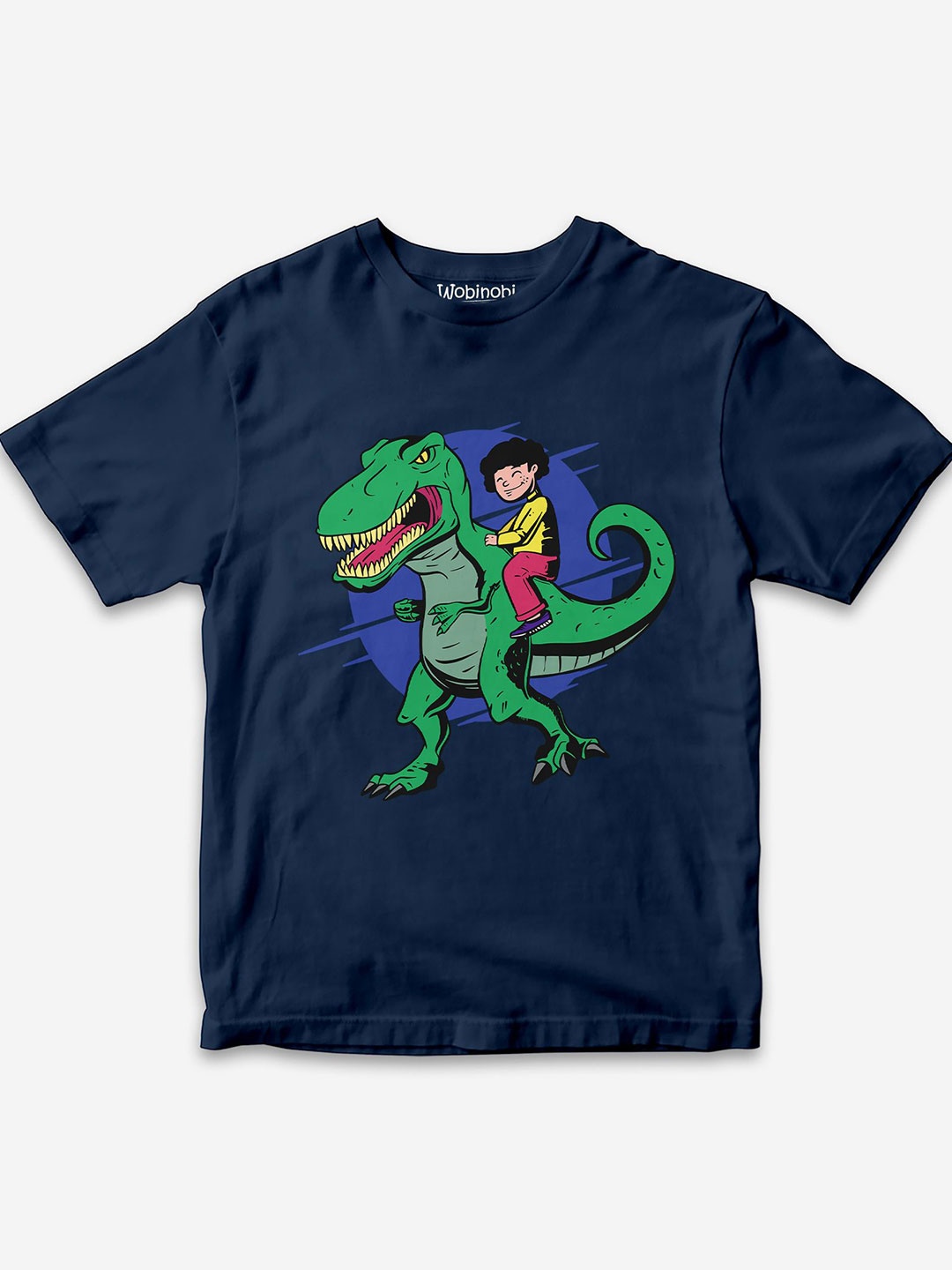 

Wobinobi Boys Riding T-Rex Printed Pure Cotton Bio Finish Casual T-shirt, Navy blue