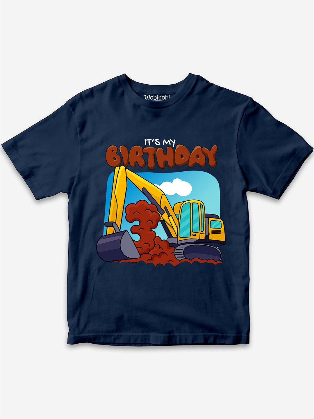 

Wobinobi Boys Birthday Excavator Printed Bio Finish Pure Cotton T-shirt, Navy blue