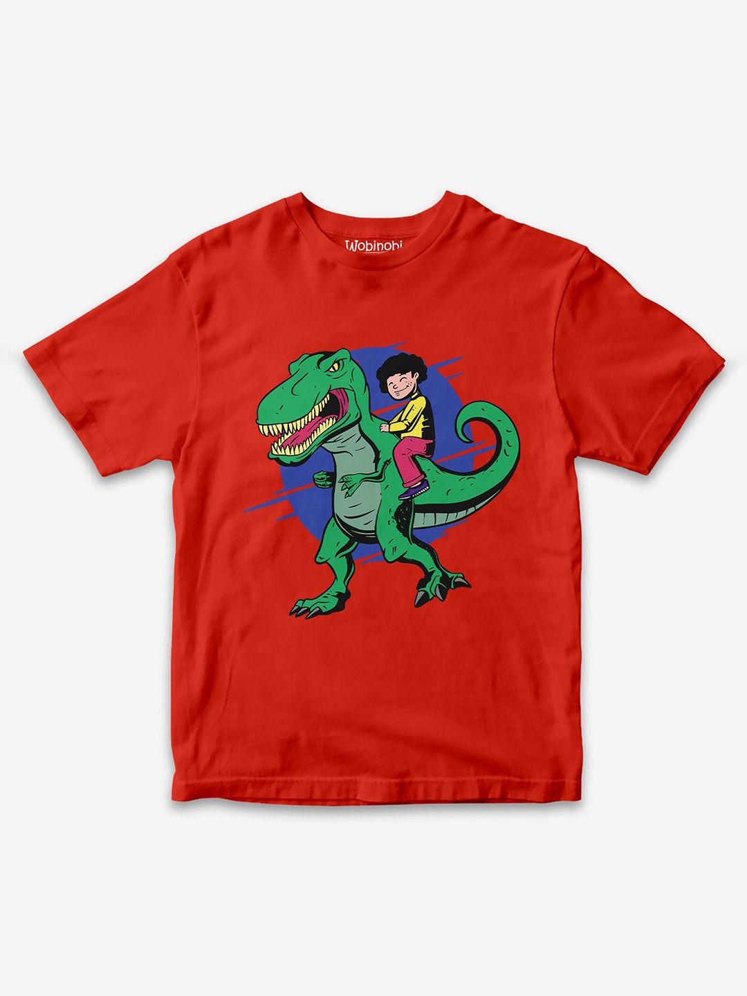 

Wobinobi Boys Riding T-Rex Printed Bio Finish Pure Cotton T-shirt, Red
