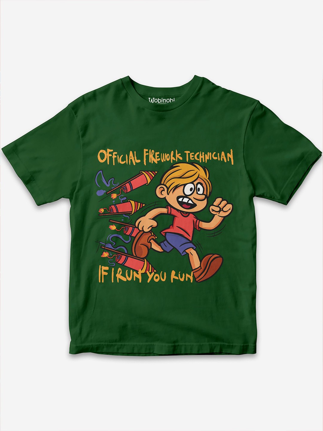 

Wobinobi Boys Fireworks Print Bio Finish Pure Cotton T-shirt, Green