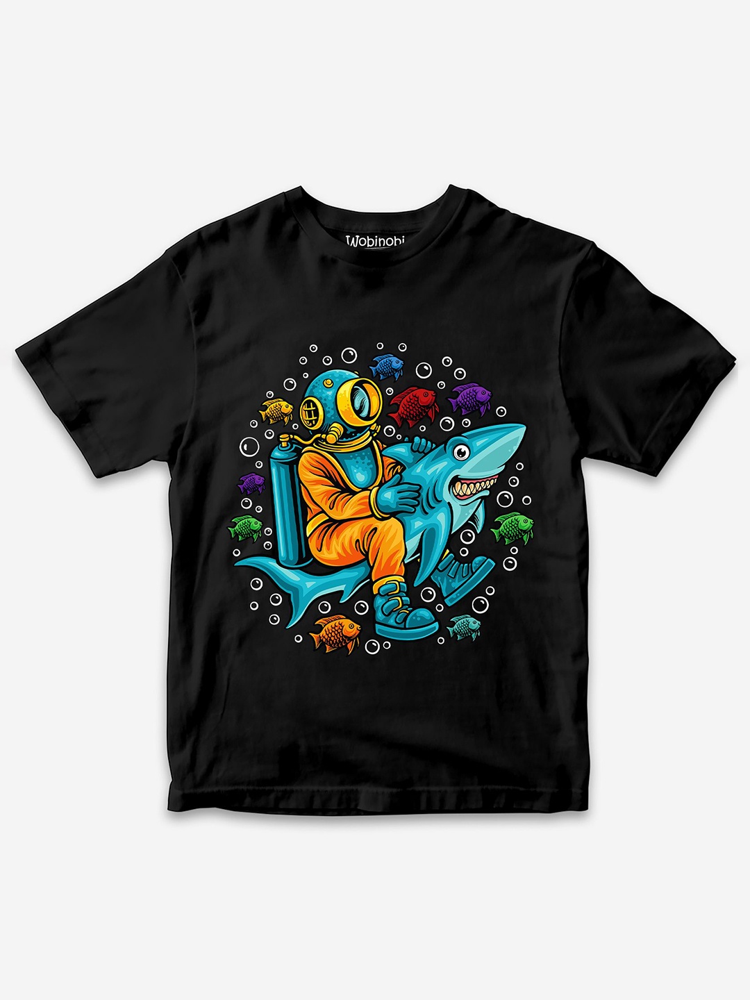 

Wobinobi Boys Shark Print Bio Finish Pure Cotton T-shirt, Black