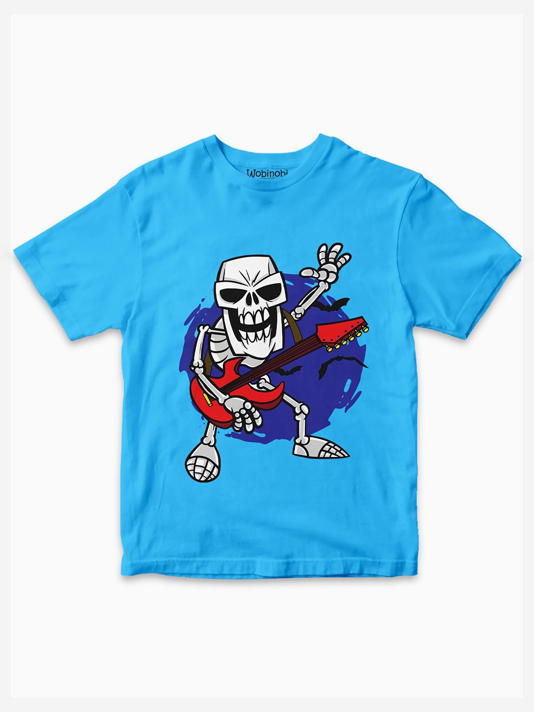 

Wobinobi Boys Skeleton Rockstar Printed Bio Finish Pure Cotton T-shirt, Blue