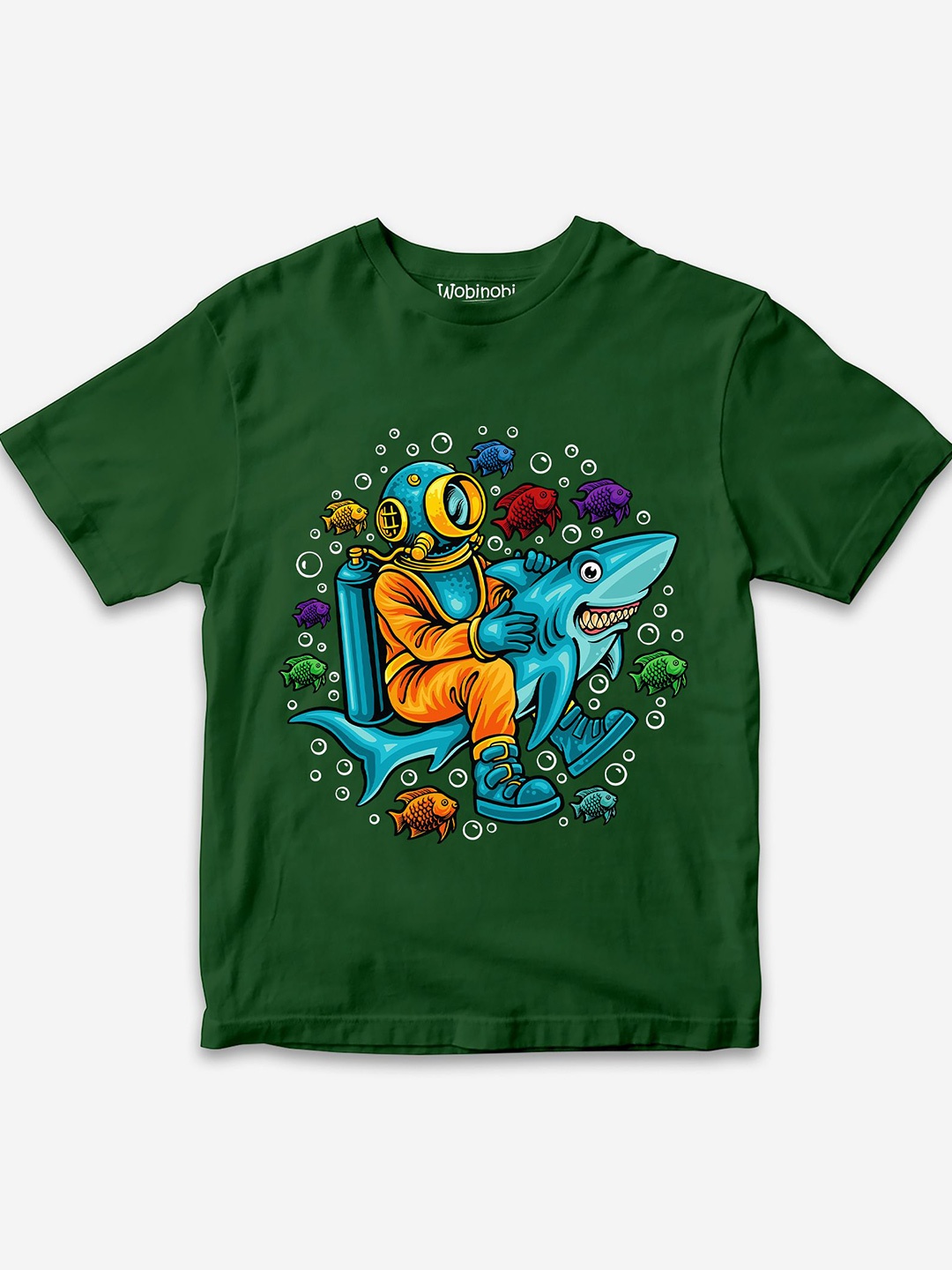

Wobinobi Boys Shark Print Bio Finish Pure Cotton T-shirt, Green