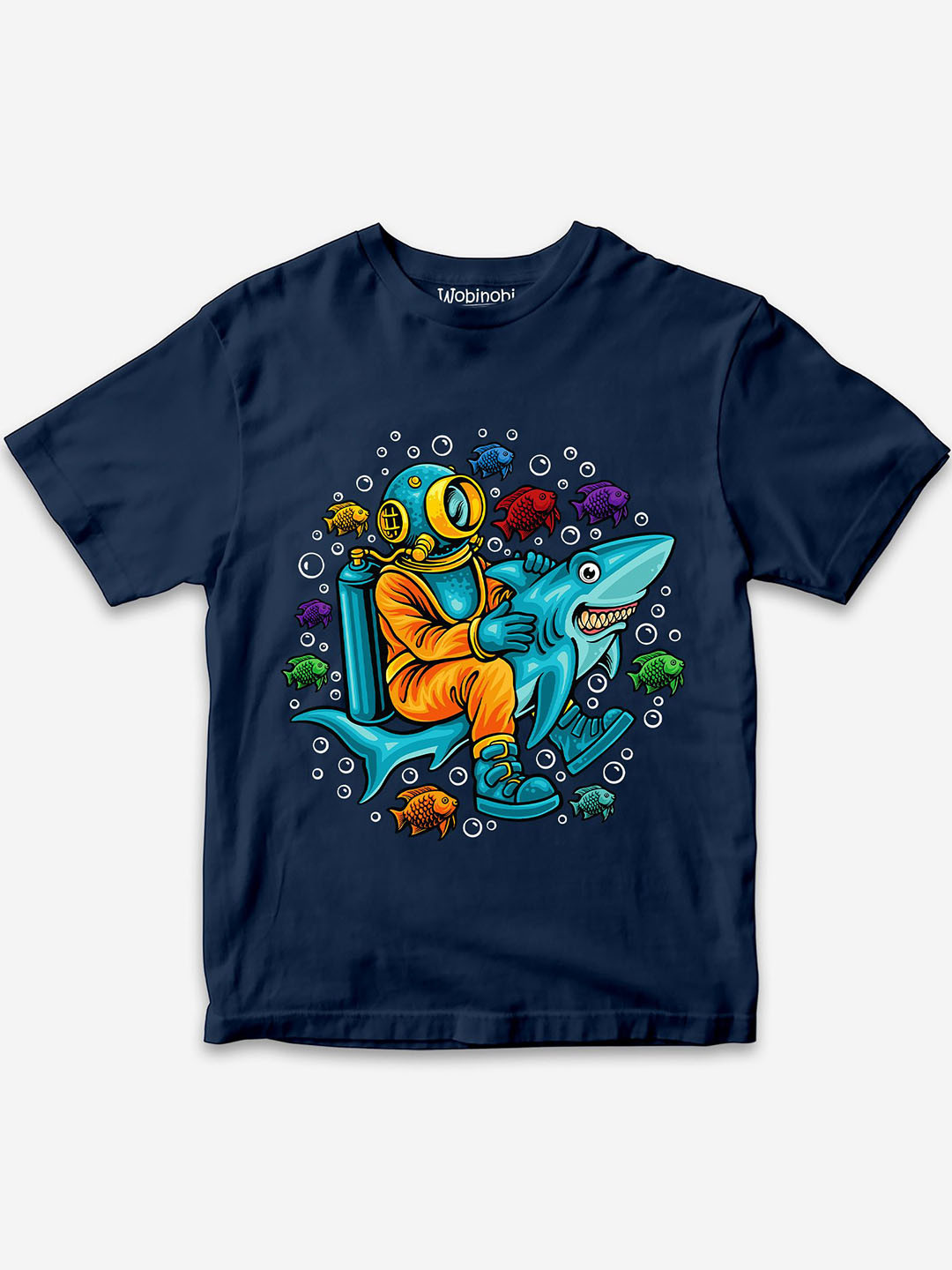 

Wobinobi Boys Shark Print Bio Finish Pure Cotton T-shirt, Navy blue
