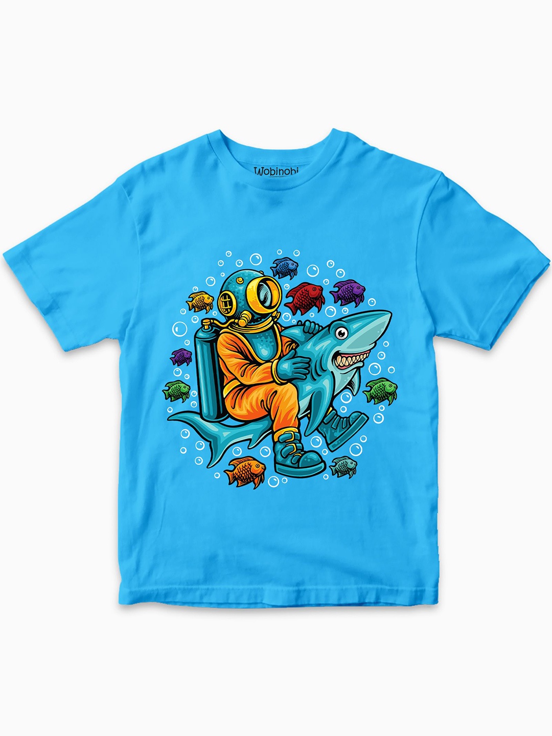 

Wobinobi Boys Shark Print Bio Finish Pure Cotton T-shirt, Blue
