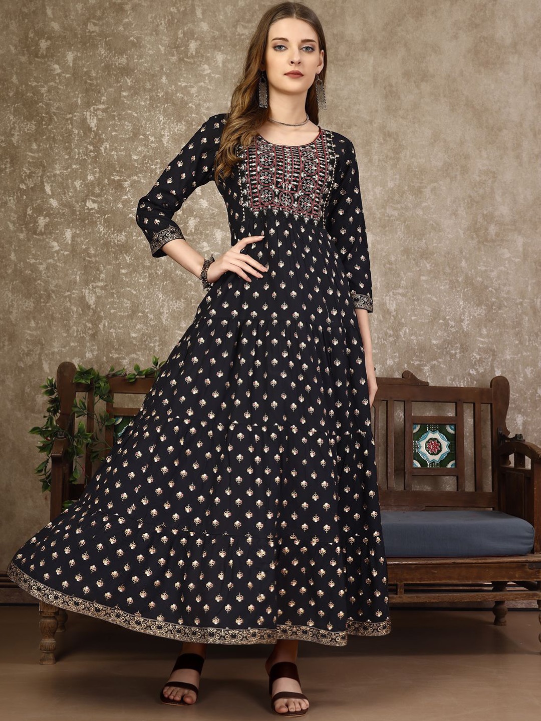 

KALINI Floral Printed Yoke Embroidered Sequinned Anarkali Kurta, Black