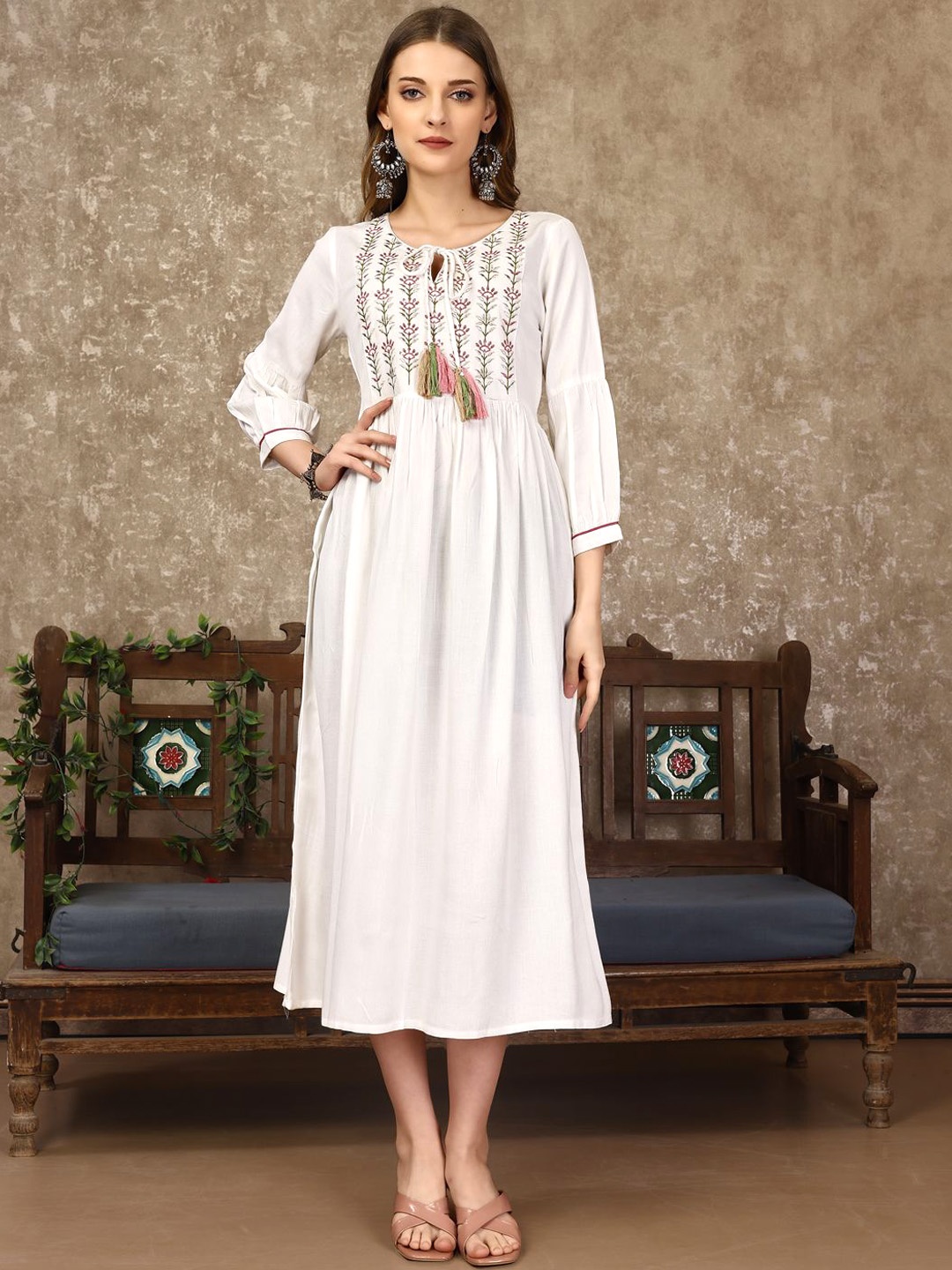 

KALINI Floral Yoke Design Thread Work Anarkali Kurta, White