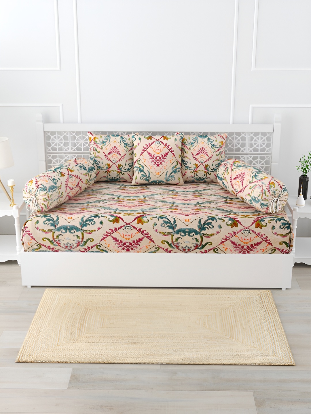 

Salona Bichona Green & Red 6 Pieces Floral Printed 144TC Diwan Set