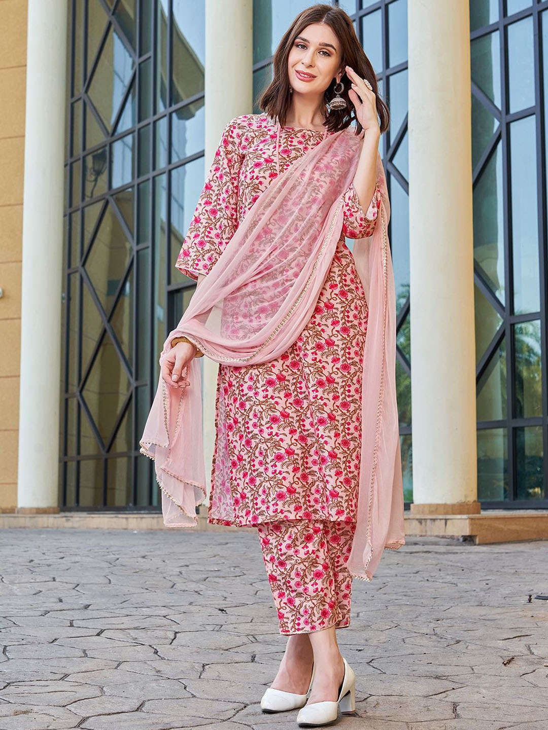 

KALINI Floral Printed Straight Kurta with Trousers & Dupatta, Peach