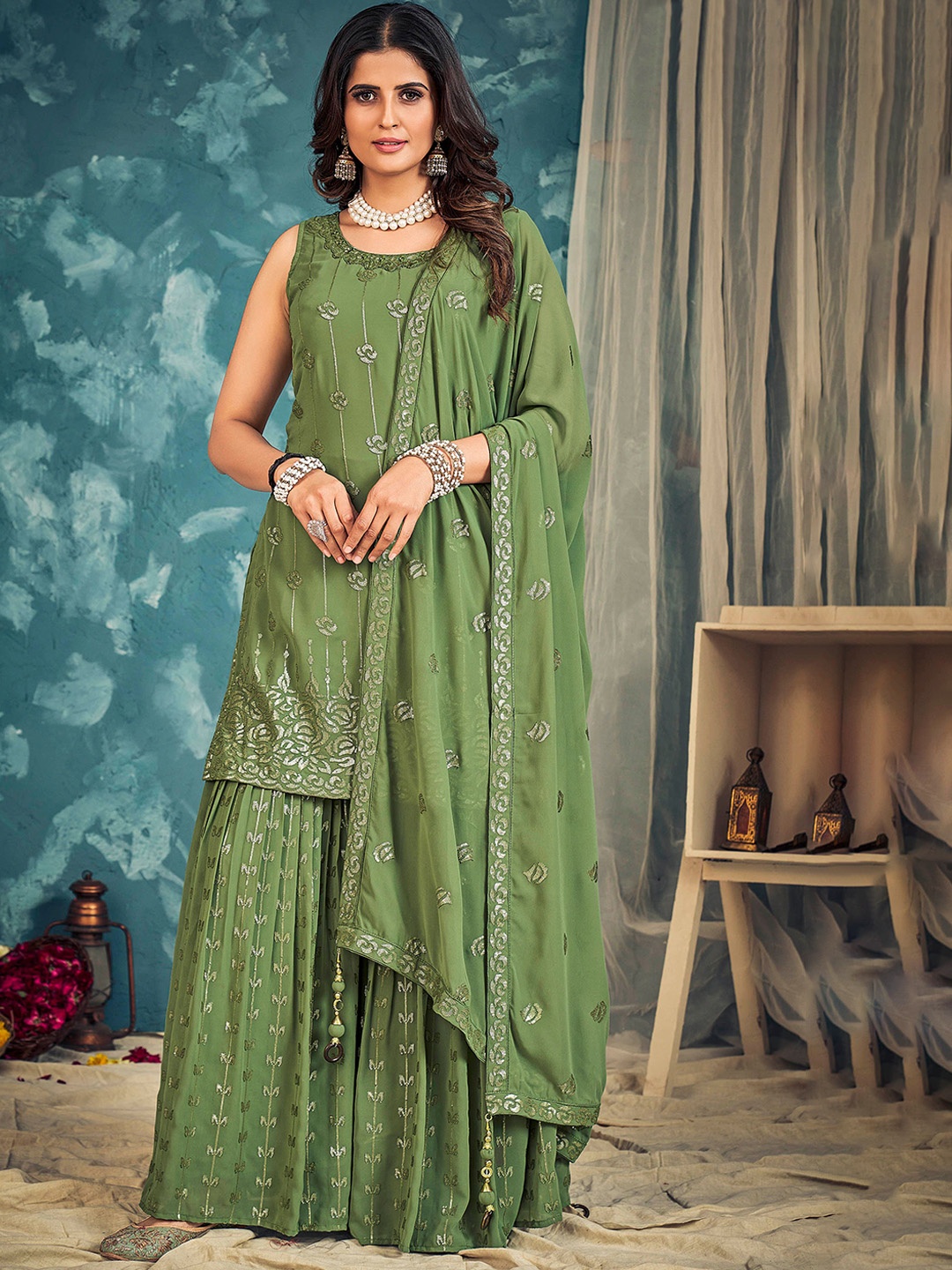 

Fusionic Floral Embroidered Sequinned Straight Kurta With Sharara & Dupatta, Green