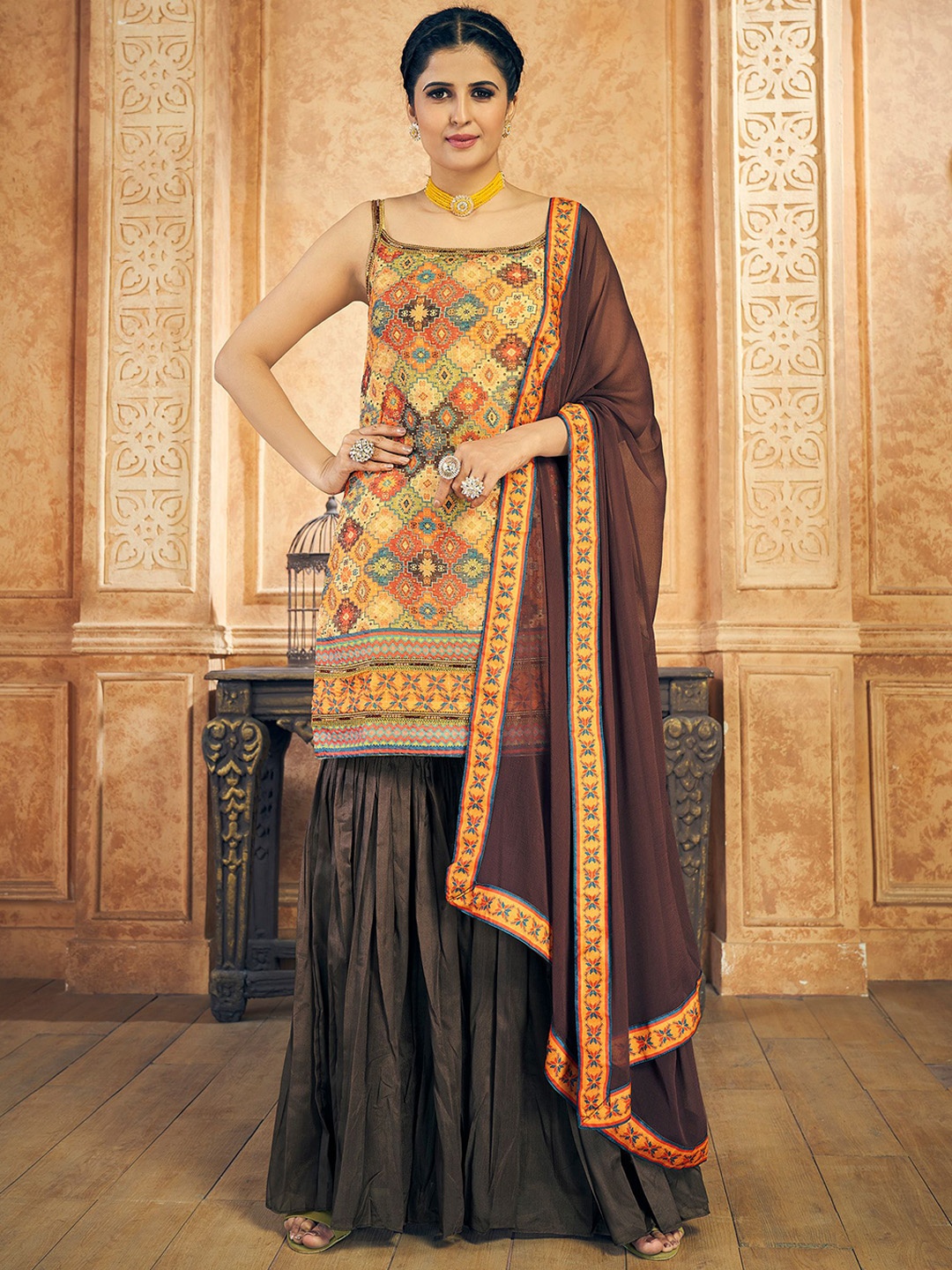 

Fusionic Floral Embroidered Regular Beads And Stones Straight Kurti With Sharara & Dupatta, Brown