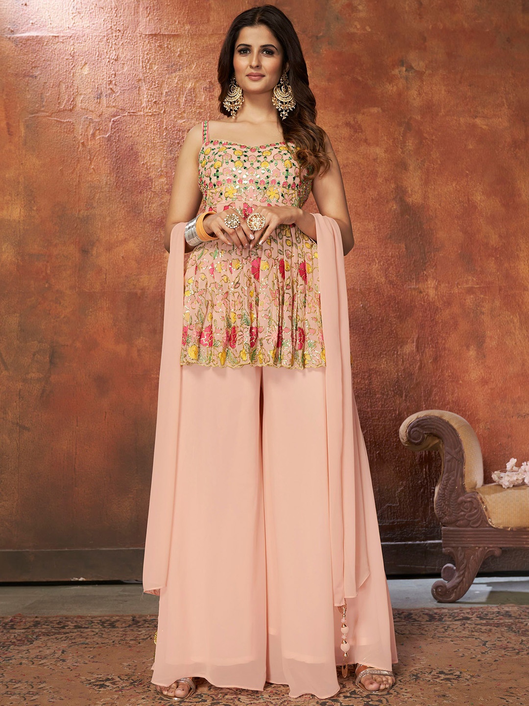 

Fusionic Floral Embroidered Empire Sequinned A-Line Top With Palazzos & Dupatta, Peach