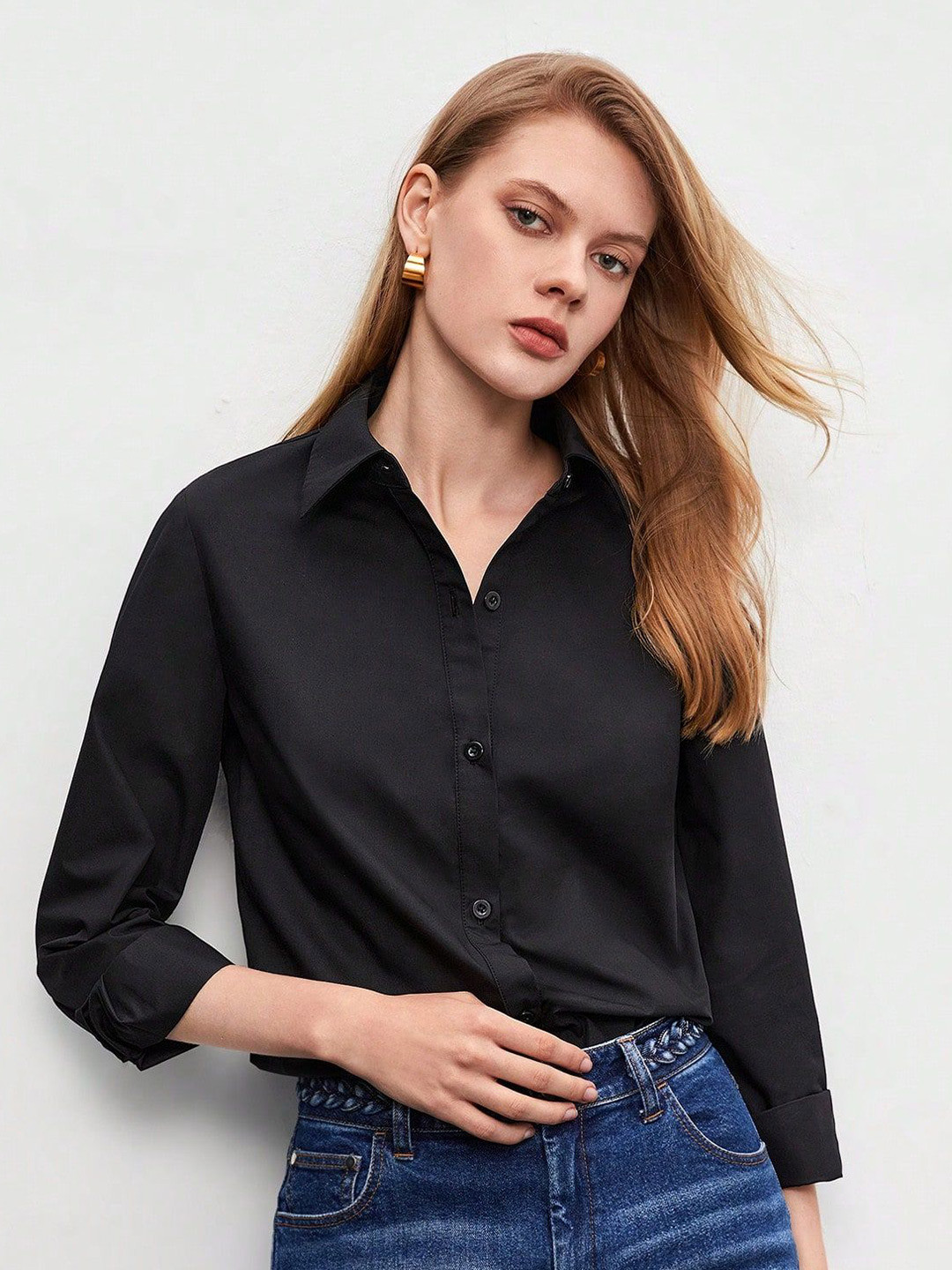 

Fab Star Comfort Oversized Fit Spread Collar Long Sleeves Cotton Casual Shirt, Black