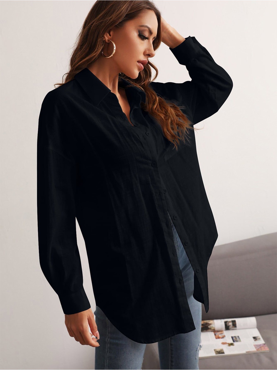 

Fab Star Comfort Pure Cotton Oversized Casual Shirt, Black