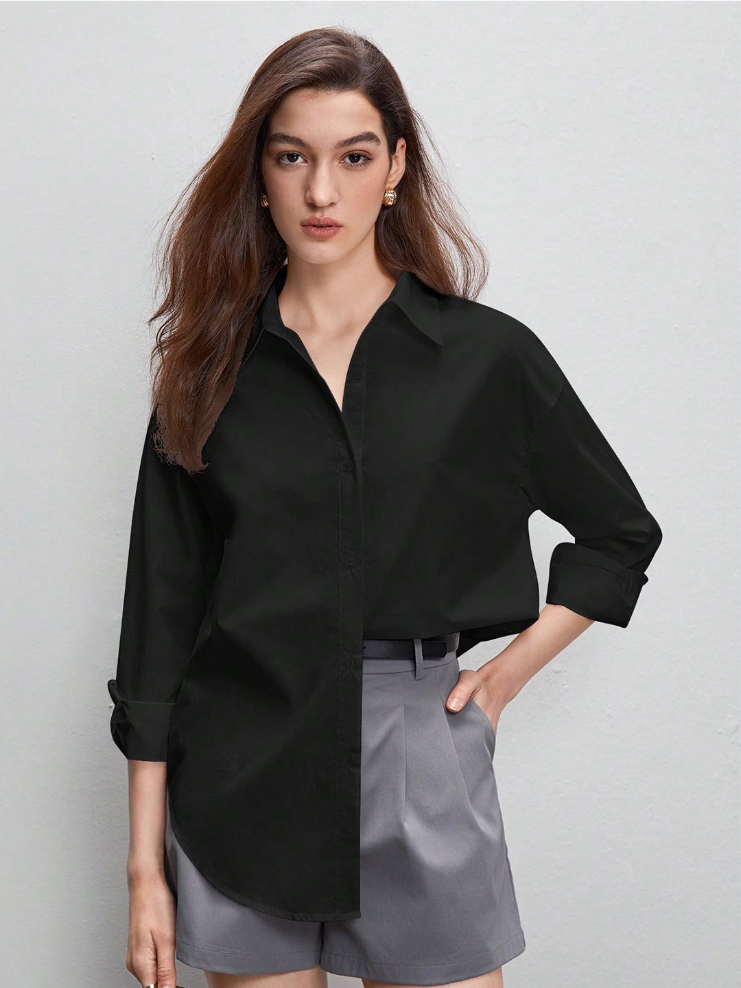 

Fab Star Comfort Oversized Pure Cotton Casual Straight Shirt, Black