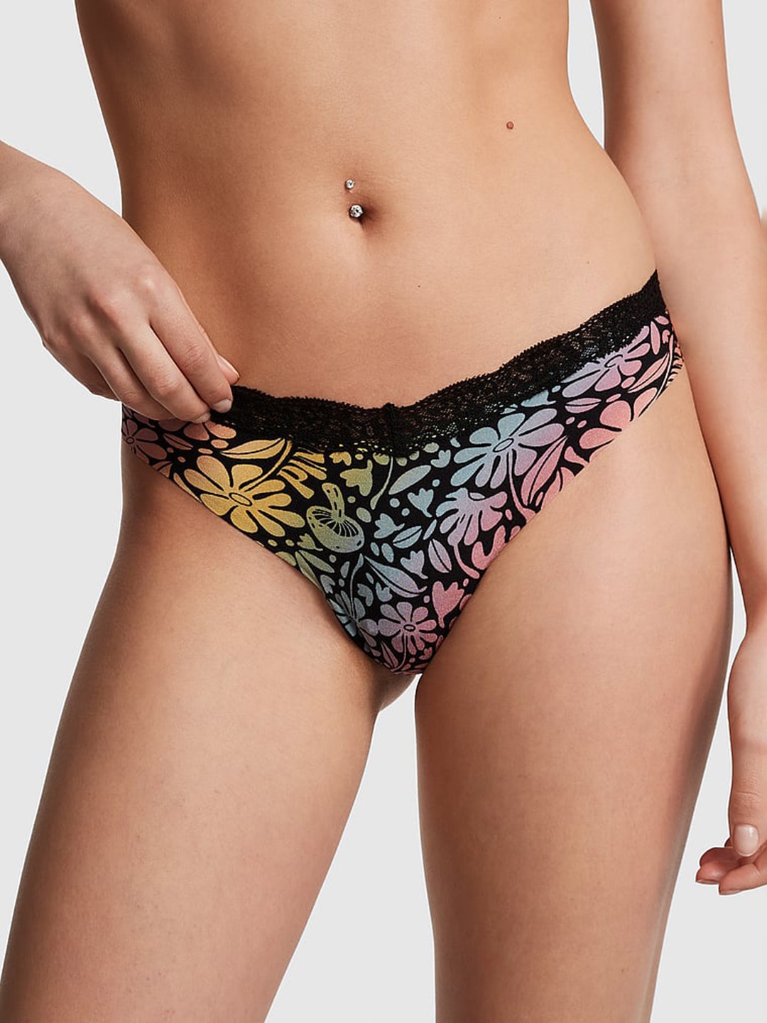 

Victoria's Secret Cotton No-Show Lace-Trim Thong Briefs- 1121448860WS, Black