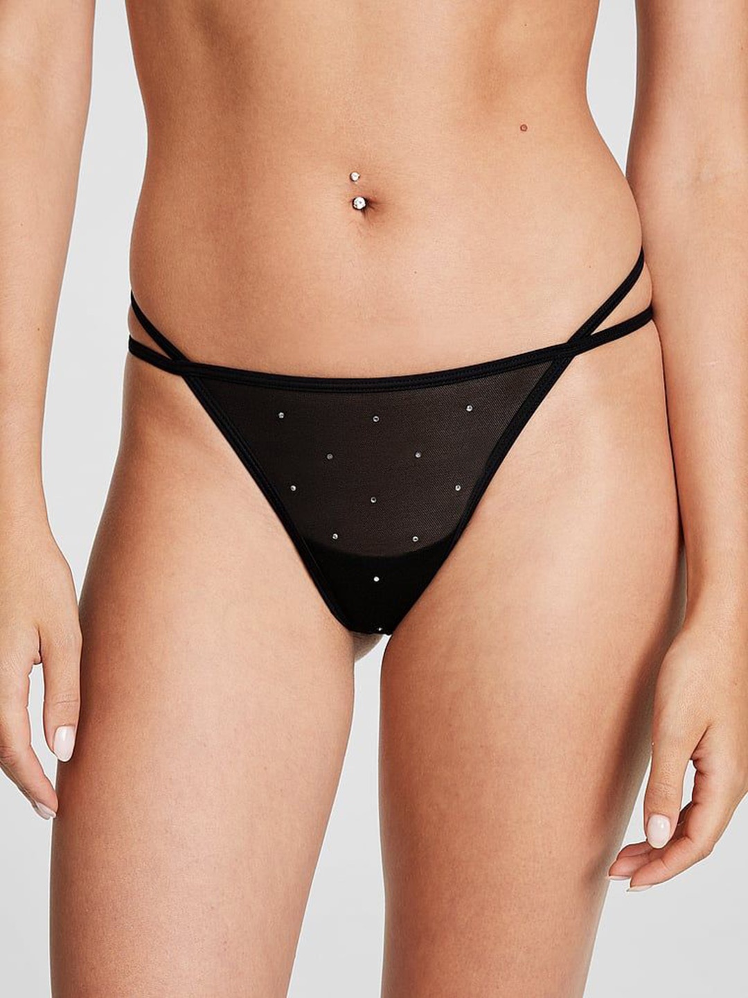 

Victoria's Secret Cotton Flocked Mesh Thong Briefs - 112276723XZS, Black