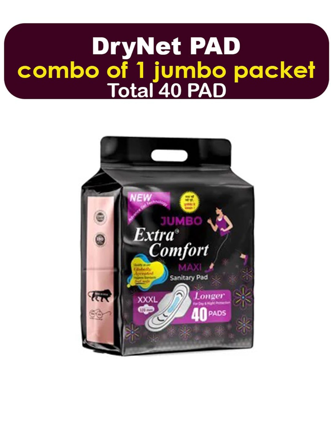 

Extra comfort Jumbo Sanitary 100% Natural Cotton Pad, Black