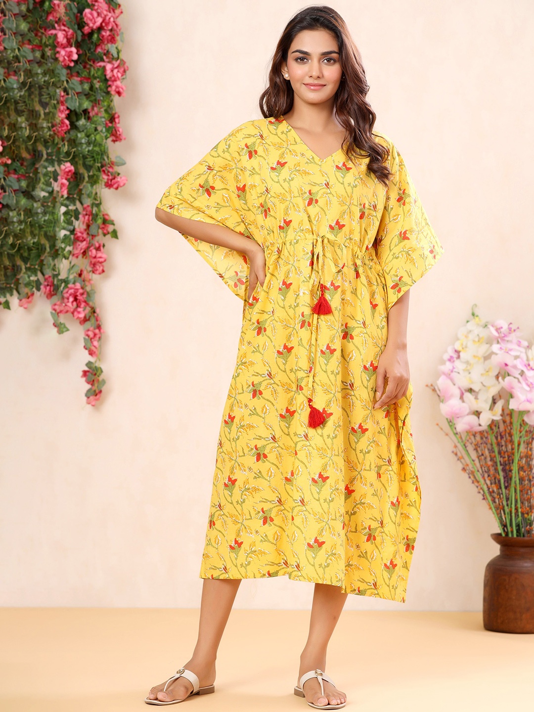 

mirari Floral Printed Pure Cotton Maxi Kaftan Nightdress, Yellow