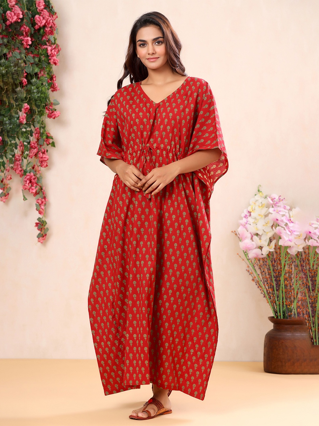 

mirari Women Ethnic Motifs Printed Kaftan Cotton Maxi Dress, Maroon