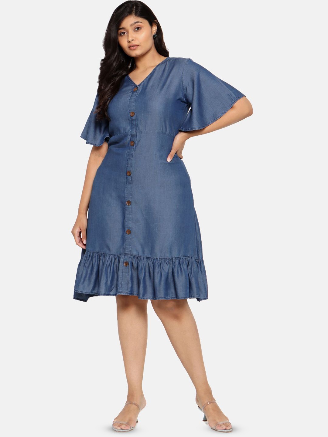 

The Pink Moon Flared Sleeve Denim A-Line Dress, Navy blue