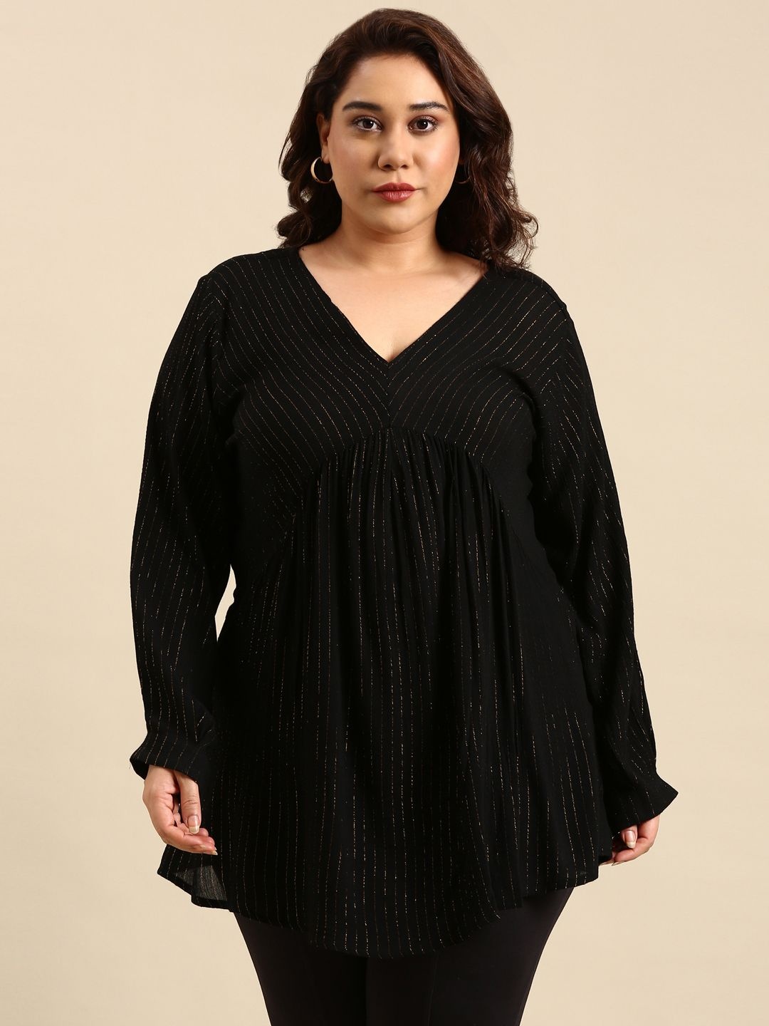 

The Pink Moon Striped V Neck Cotton Tunic, Black