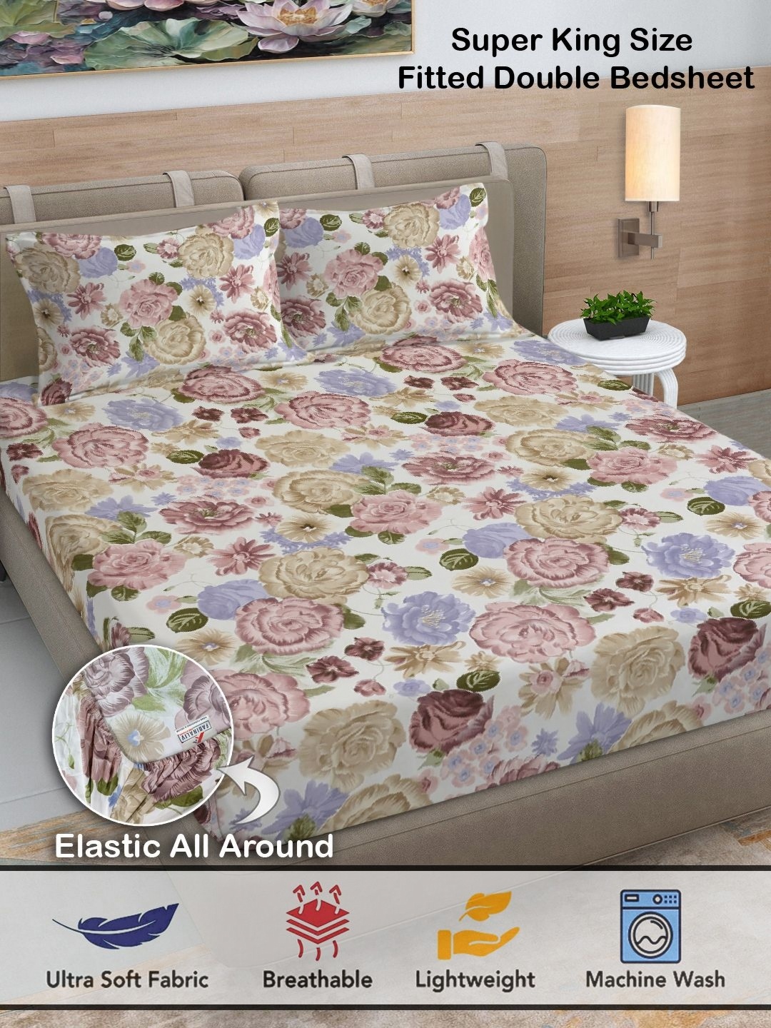 

FABINALIV White & Maroon Floral Print 300 TC Fitted Super King Bedsheet & 2 Pillow Covers