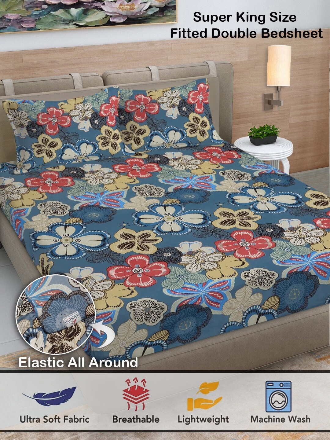 

FABINALIV Blue & Yellow Floral Print 300 TC Fitted Super King Bedsheet & 2 Pillow Covers