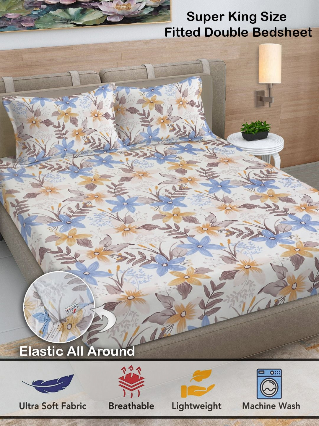 

FABINALIV White & Blue Floral Print 300 TC Fitted Super King Bedsheet & 2 Pillow Covers