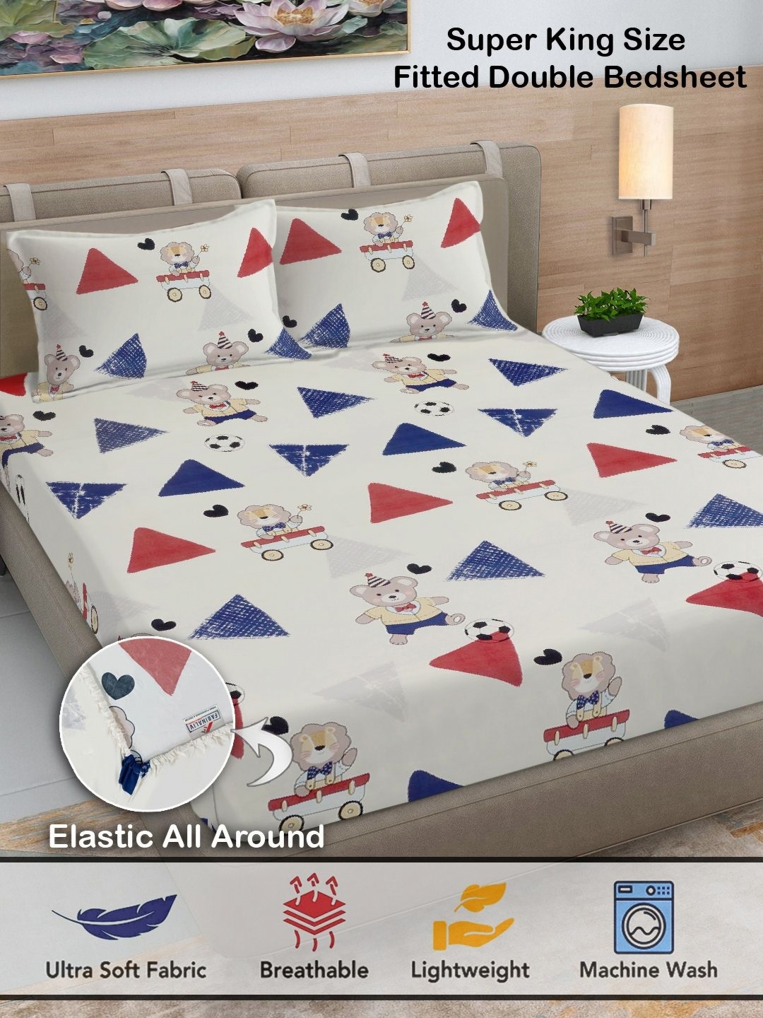 

FABINALIV White & Blue Cartoon Characters 300 TC Fitted King Bedsheet With 2 Pillow Covers