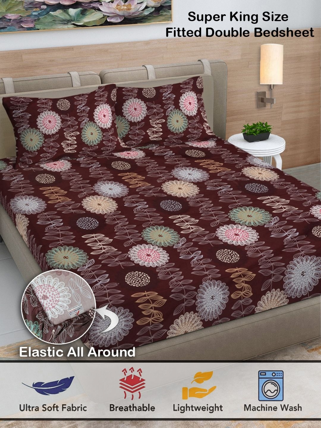 

FABINALIV Brown & White Ethnic Motifs 300 TC Fitted King Bedsheet With 2 Pillow Covers