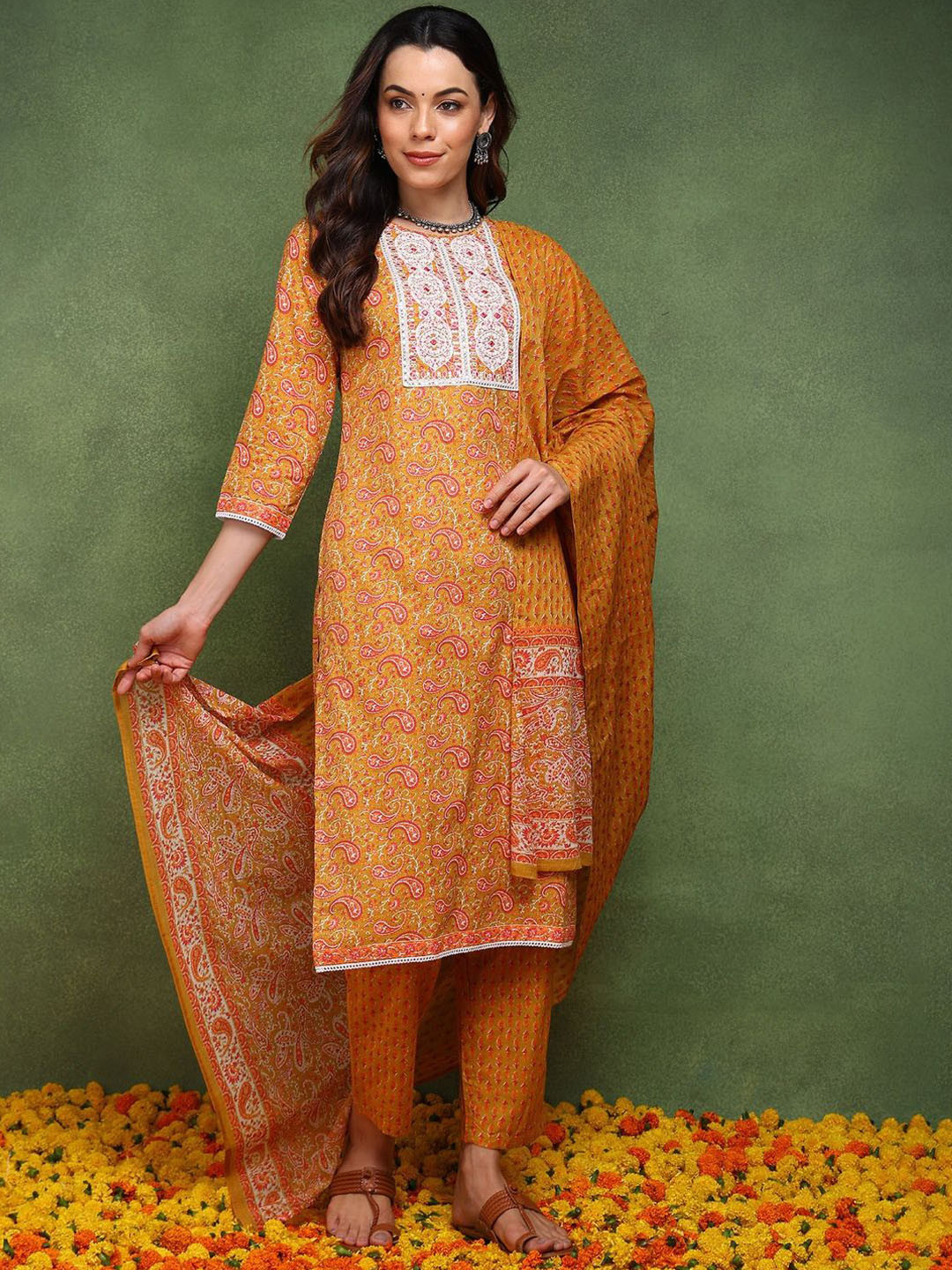 

KALINI Paisley Printed Straight Thread Work Pure Cotton Kurta with Trousers & Dupatta, Mustard