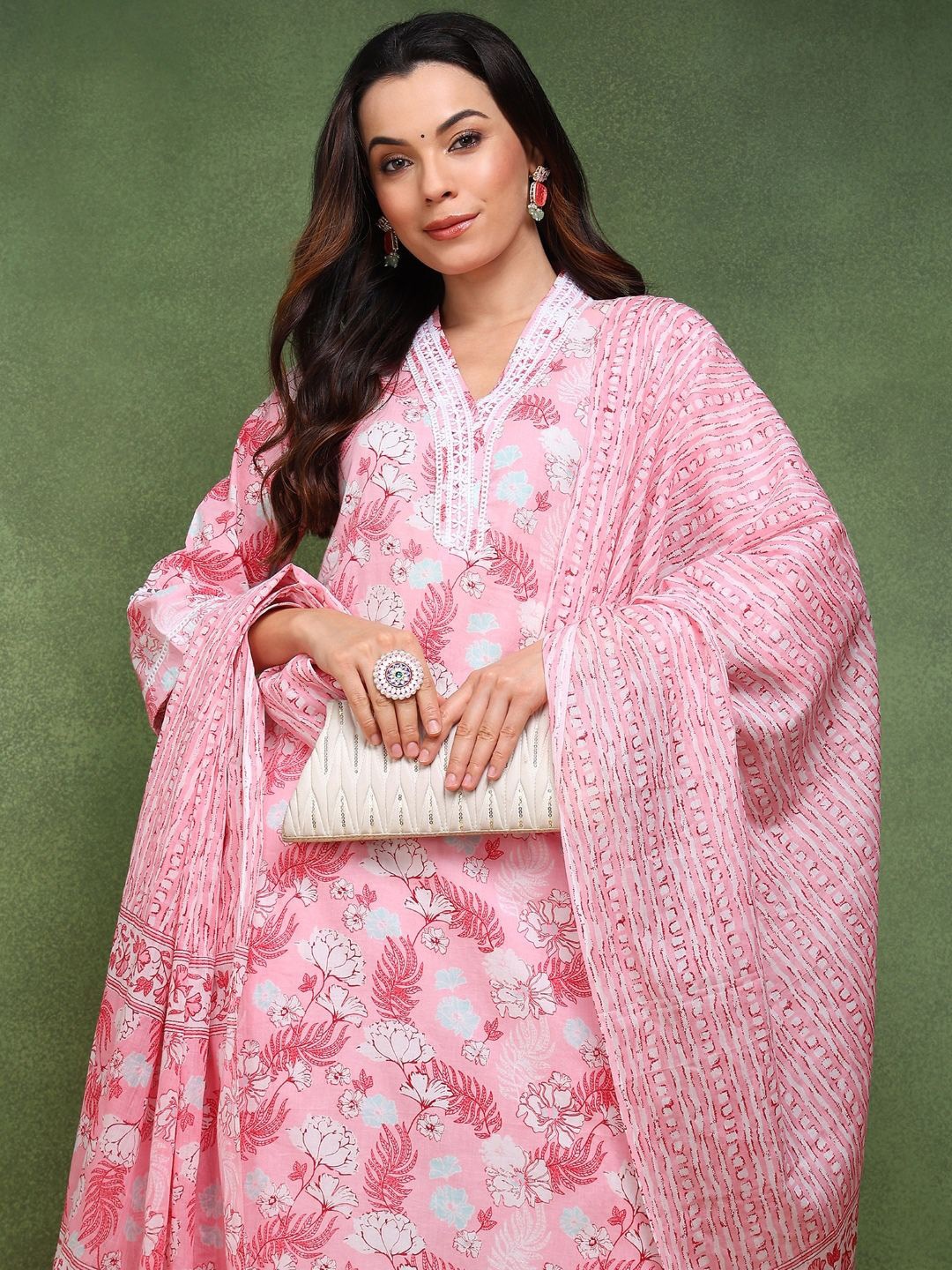 

KALINI Floral Printed Pure Cotton Straight Kurta with Trousers & With Dupatta, Pink