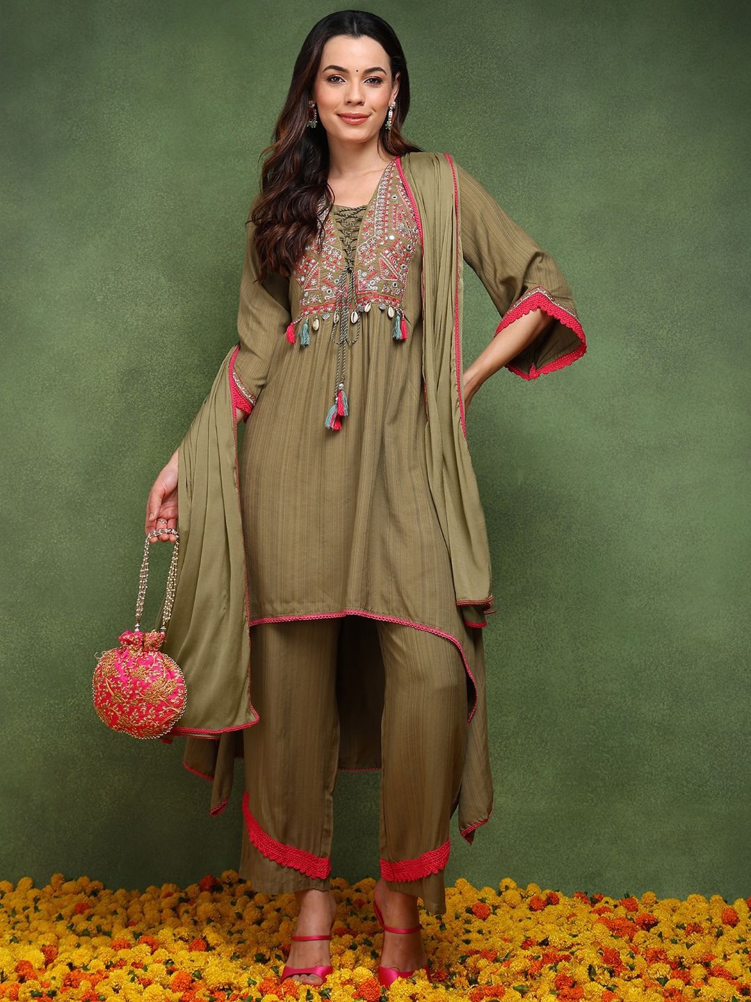 

KALINI Floral Embroidered Thread Work Pure Cotton A-Line Kurta with Palazzos & Dupatta, Olive